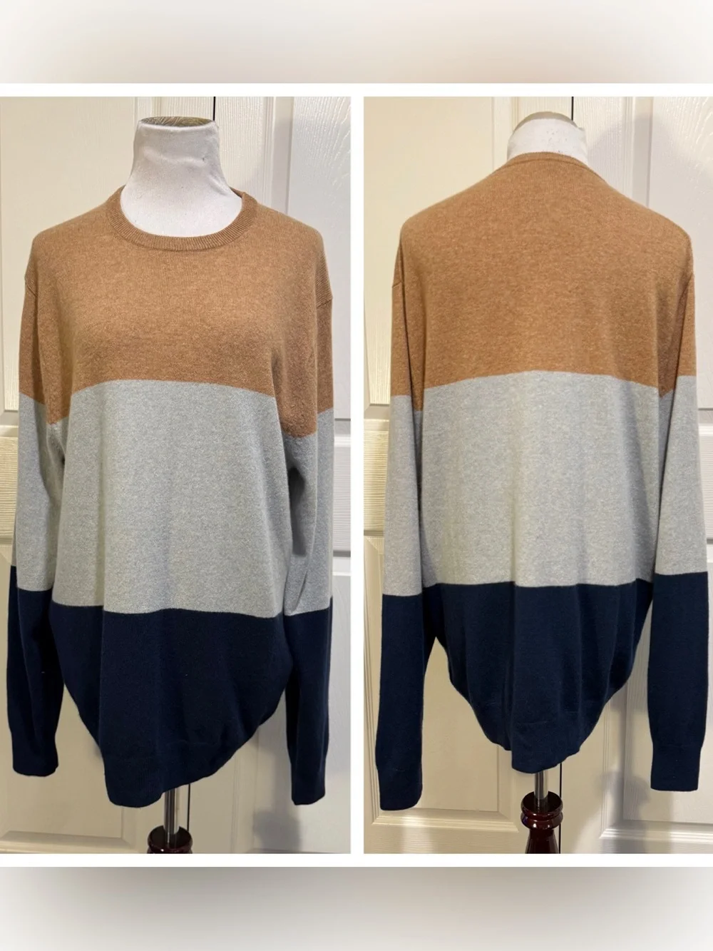 J.Crew 100% Cashmere Colorblock Crewneck Sweater (Camel / Heather Grey / Navy)